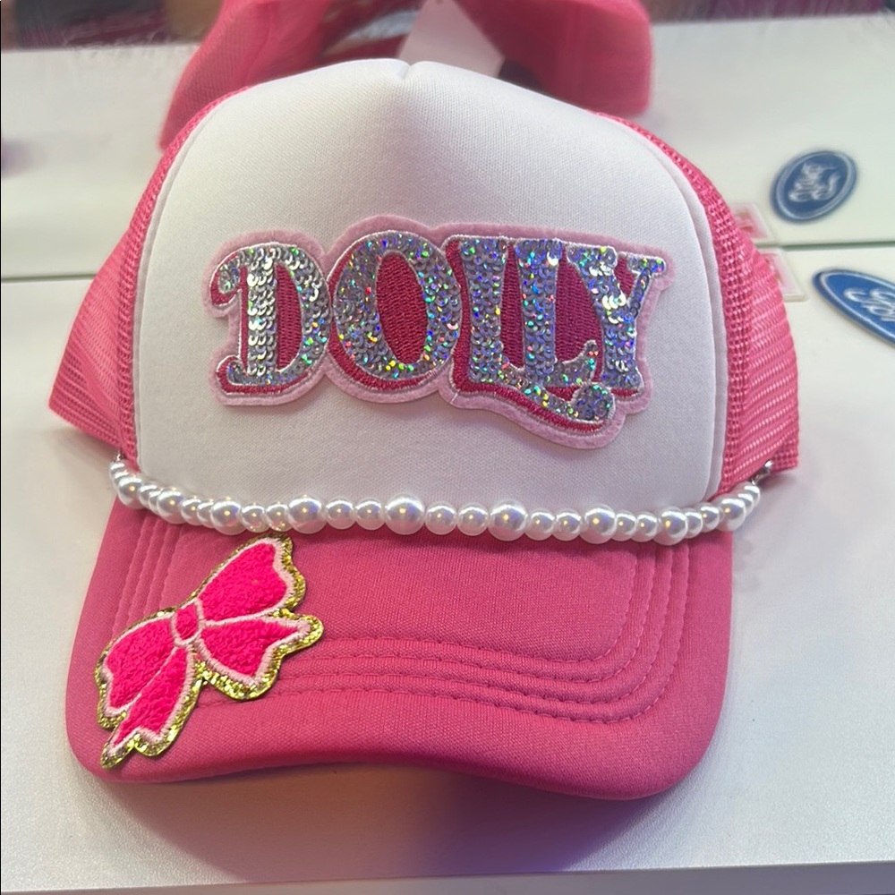 Custom Dolly hat with a pink bow and pearls NEW just got made
